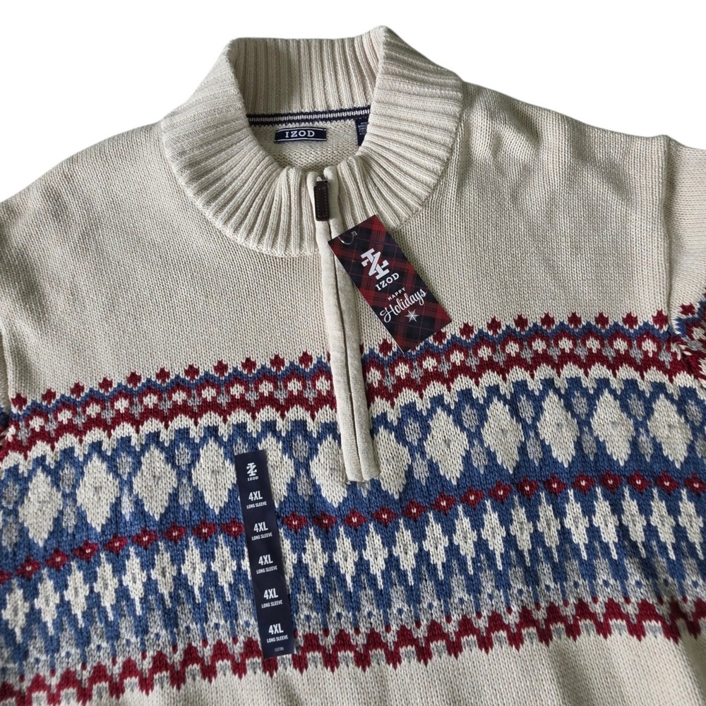IZOD Mens Sweater Cream Fair Isle 1/4 Quarter Zip Winter Holiday 4XB